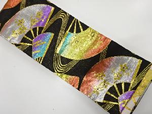 流水に扇模様織り出し　リバーシブル　踊り用半幅帯